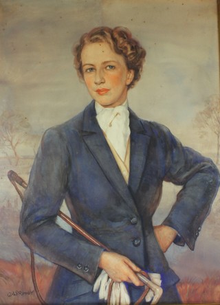 A S Romer, mixed media, signed, 1930s portrait of a lady rider holding a crop, on paper, 35" x 29"
