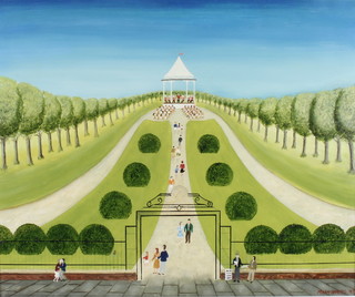 Mark Baring 90, oil on board, signed and dated, a naive study of a park with bandstand and figures 19" x 24"