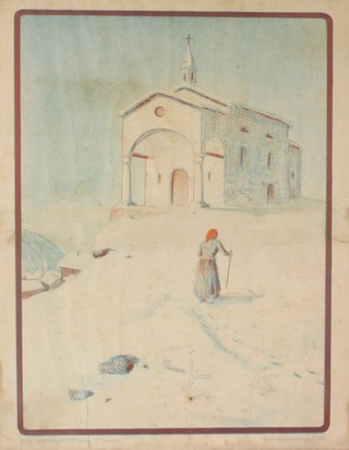 Francois Gos, coloured print, figure before a church, 20" x 15"