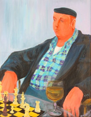 M Huxton, oil on board, signed, a stylish portrait of a French chess player, 16" x 13"