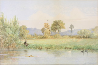 F W Cartwright, watercolour, signed, fisherman on a riverbank, 9" x 13'