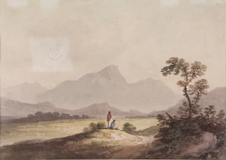 F Nicholson, watercolour, figures in an extensive landscape, unsigned,9" x 12"