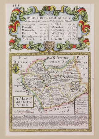 18th Century map, Hereford to Leicester, coloured borders, framed 7 1/2" x 5"