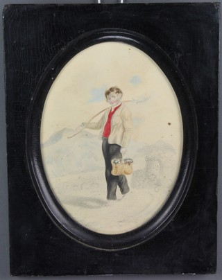 19th Century watercolour, oval, study of a gardener, 7 1/2" x 5 1/2"