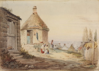 Edwardian watercolour, unsigned, figures before buildings overlooking the sea 8 1/2" x 12"