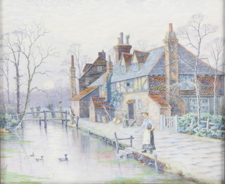 Edwardian watercolour, unsigned, figures before buildings beside a canal 8" x 9 1/2"