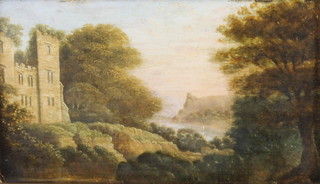 19th Century oil on board, unsigned, castle beside a river 5" x 8 1/2"