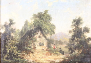 19th Century oil on canvas, figures before a country cottage 7" x 10" 