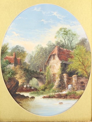Edwardian oval oil on canvas, a riverside scene 9 1/2" x 8"