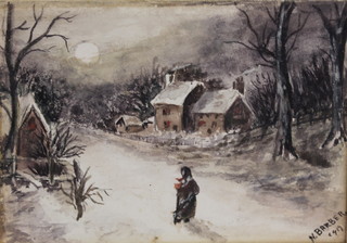 N Barber 1917, watercolour, signed and dated, figure in a moonlit winter landscape 3" x 4 1/2"