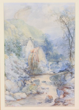 19th Century watercolour, indistinctly signed, a watermill with distant mountains 10" x 7"