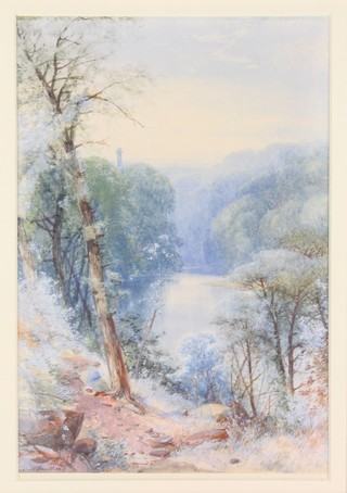 19th Century watercolour, indistinctly signed, dated 1865, a figure besides a river 10" x 7"