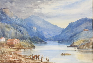  Edwardian watercolour, indistinctly signed, a continental lake scene with figures 13" x 19"