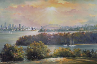 James, oil on canvas, indistinctly signed, view of Sydney Harbour 24" x 36"