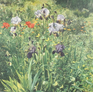 Christopher Sanders, oil on canvas, signed, Irises, poppies and marigolds 31" x 31"