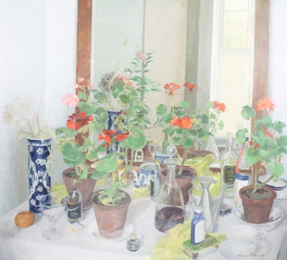 Tom Espley, oil on canvas, signed, a still life of pots of geraniums a Chinese vase of flowers bottles glasses etc before a mirror 36" x 39"