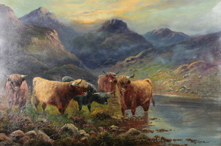 Henry Cooper, oils on canvas a pair, signed, highland cattle standing in a stream with distant mountains 16" x 23"