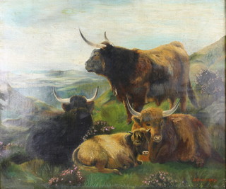 S Ball 1903, oil on canvas signed, highland cattle in an extensive landscape 20" x 23"4