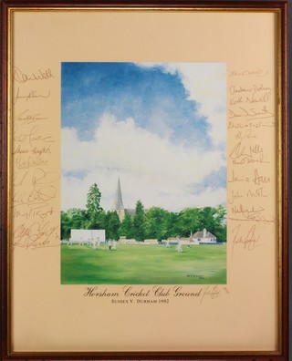 M P Speight, print, Horsham Cricket Club Ground Sussex v Durham 1992 136/150 signed by both teams 12 1/2" x 9 1/2" and Arthur Weaver England v Australia Centenary Test Lords 1980 822/850 signed by 10 former England captains 16" x 25"