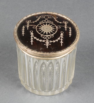 An Edwardian silver and tortoiseshell pique toilet jar Birmingham 1910 3"