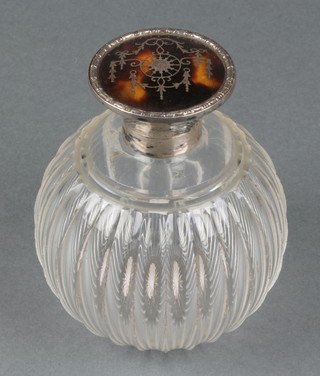 An Edwardian silver and tortoiseshell pique scent bottle and stopper Birmingham 1910 4 1/2"