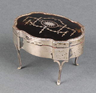 An Edwardian silver and tortoiseshell pique quatrefoil trinket box on scroll legs Birmingham 1910 3 1/2"