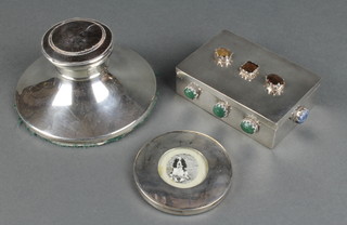 A silver and tortoiseshell pique capstan inkwell London 1921 5", a circular sterling photograph frame and a cabochon set Middle Eastern silver box
