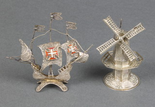 A Continental silver model of a windmill 3" and a filigree galleon 3"