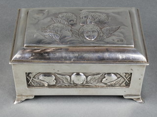 An Edwardian repousse silver trinket box with Reynolds angels decoration London 1903 6"