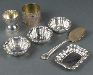 Three sterling silver dishes, one other, a silver napkin ring and an egg cup 