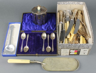 A plated tea caddy, five silver tea spoons and minor cutlery