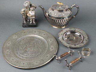 A  silver plated group of two orthodox gentlemen and minor plated items