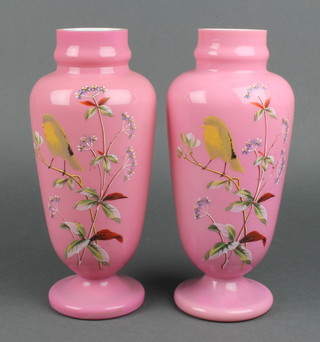 A pair of Victorian pink glass vases, the polychrome decoration with birds amongst flowers 11"