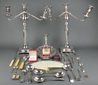 A pair of Sheffield plate 3 light candelabra 18" minor plated items and costume jewellery and coins
