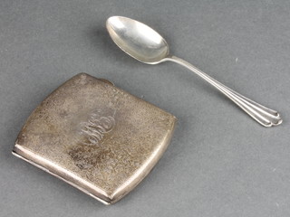 A silver chased cigarette case Birmingham 1911 and a cased silver spoon Sheffield 1904 95 grams 