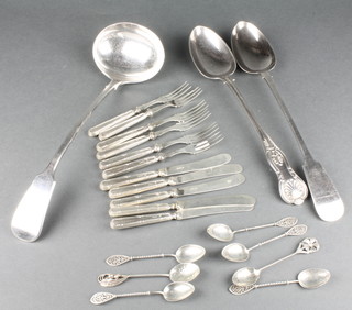 A silver plated fiddle pattern ladle, a ditto basting spoon, a Kings pattern ditto and minor cutlery