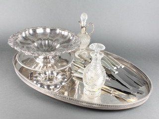 A silver plated galleried tray, a ditto salver and bowl (ex basket), 2 silver knives, a fork and minor cutlery 