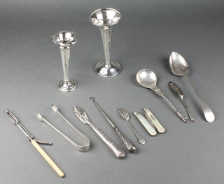 A tapered silver posy vase, Birmingham 1945 6", minor silver cutlery 