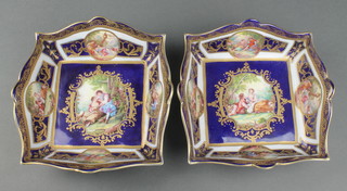 A pair of modern Limoges square dishes the blue gilt ground with fete galante views 8"