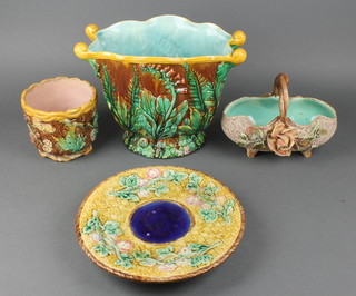 A Majolica flattened jardiniere with fern decoration 13", a ditto circular stand 11", a small jardiniere 6" and a similar basket 