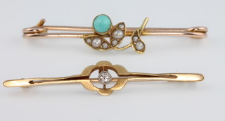 An 18ct and 9ct turquoise and seed pearl bar brooch, a 15ct gold diamond bar brooch
