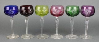 Six coloured glass hocks with star cut bases 7 1/2"