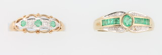 Two 9ct yellow gold emerald and diamond dress rings, sizes O and P