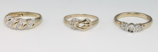 A 15ct yellow gold diamond ring size O, 2 9ct gold ditto size N and O 