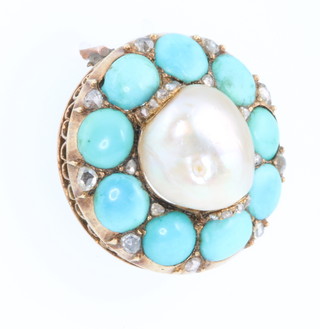 A Victorian yellow gold baroque pearl, turquoise and diamond circular brooch