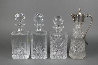 Three square cut spirit decanters and a plated mounted ewer