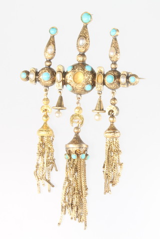 A Victorian yellow gold turquoise and baroque pearl tassel brooch 