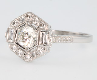 An 18ct white gold Art Deco style diamond ring, approx 0.8ct size O 