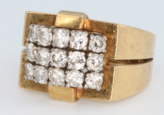 A gentleman's yellow gold 15 stone diamond dress ring, size L 13.9 grams
