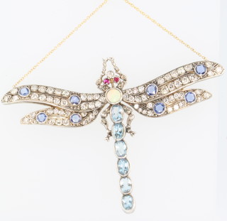 An Edwardian style diamond and gem set dragonfly pendant, approx 3.5ct of diamonds, approx 5ct of semi-precious stones on an 18ct yellow gold chain 